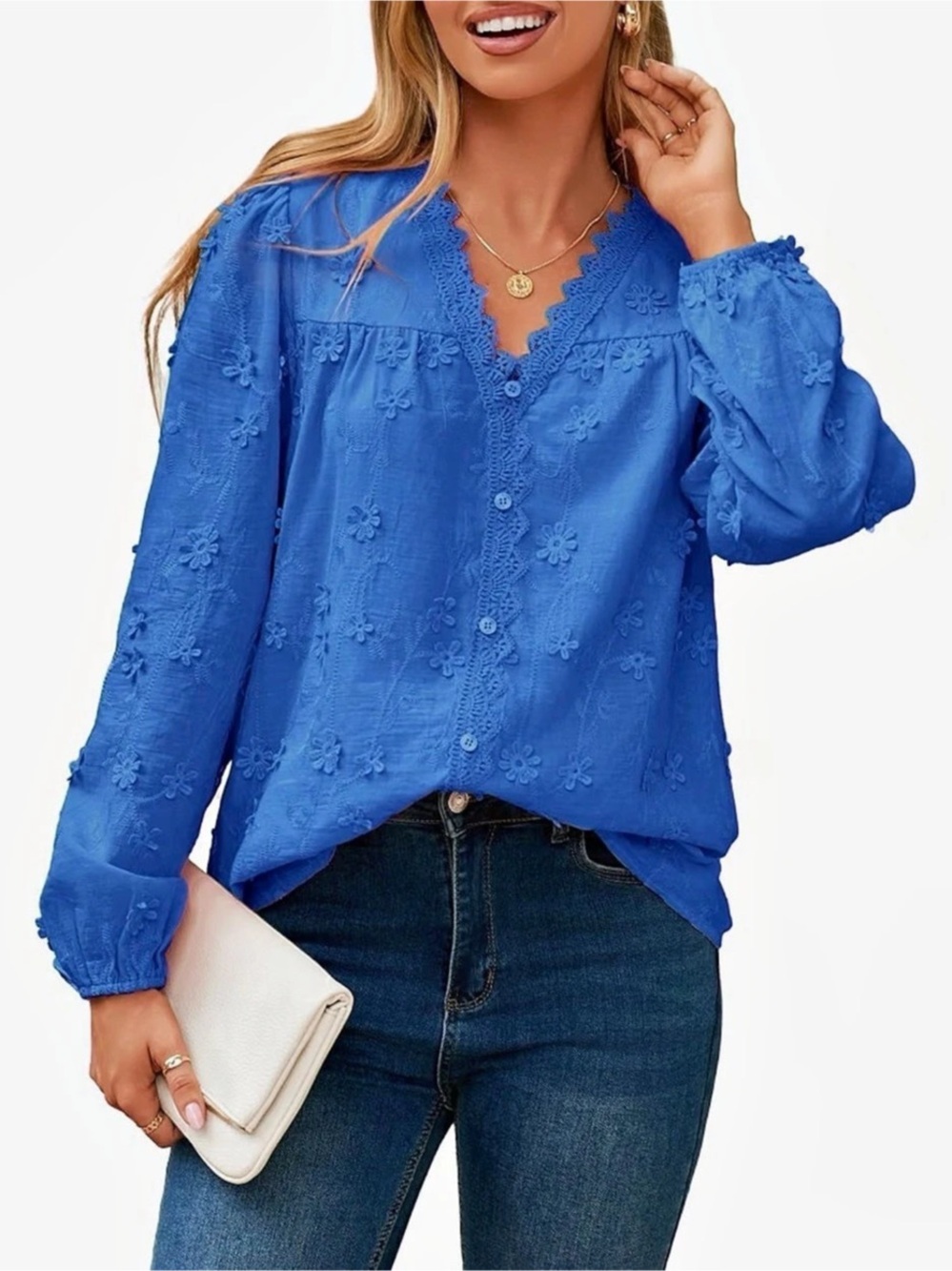 Beautiful Simplee XL Cobalt Blue Embroidered 100% Cotton Boho Blouse NWOT